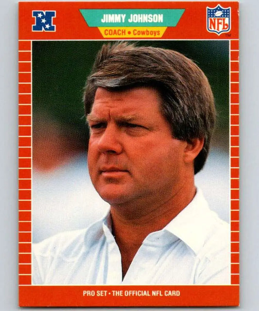 1990 Pro Set Jimmy Johnson NFL football card featuring rookie Dallas Cowboys coach