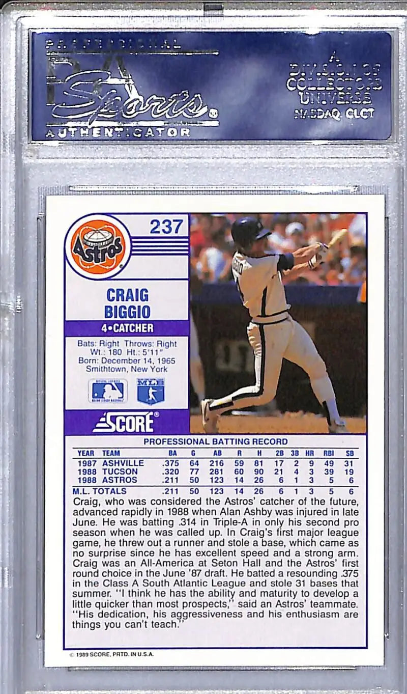 A graded 1989 Score Craig Biggio baseball card PSA 10 GEM MINT Houston Astros