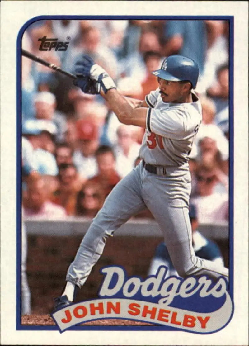 Baseball card of John Shelby in Dodgers gray uniform, showcasing Los Angeles talent
