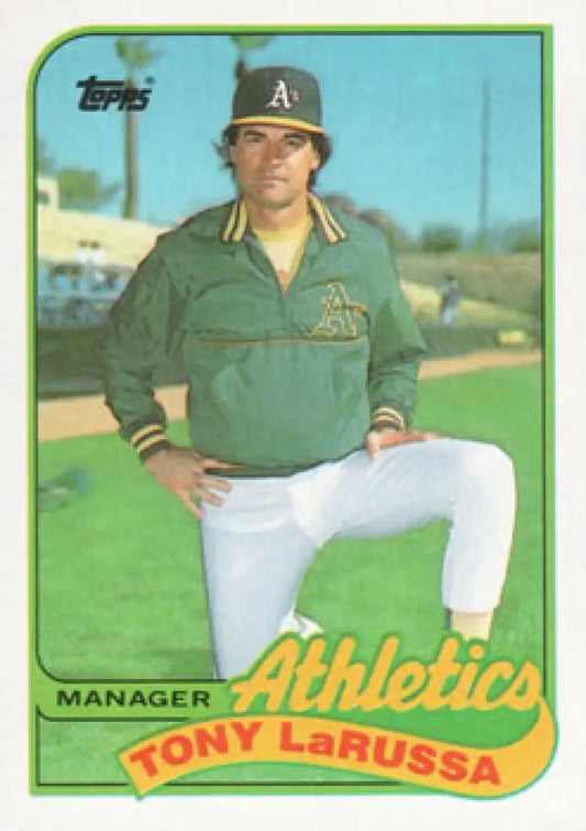 Vintage 1989 Topps Tony LaRussa Oakland Athletics Baseball Card in green jacket