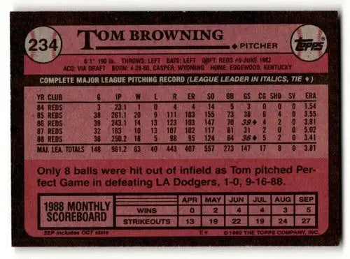 1989 Topps #234 Tom Browning Cincinnati Reds Baseball Cards EX/NM ID:53783 - Baseball Cards