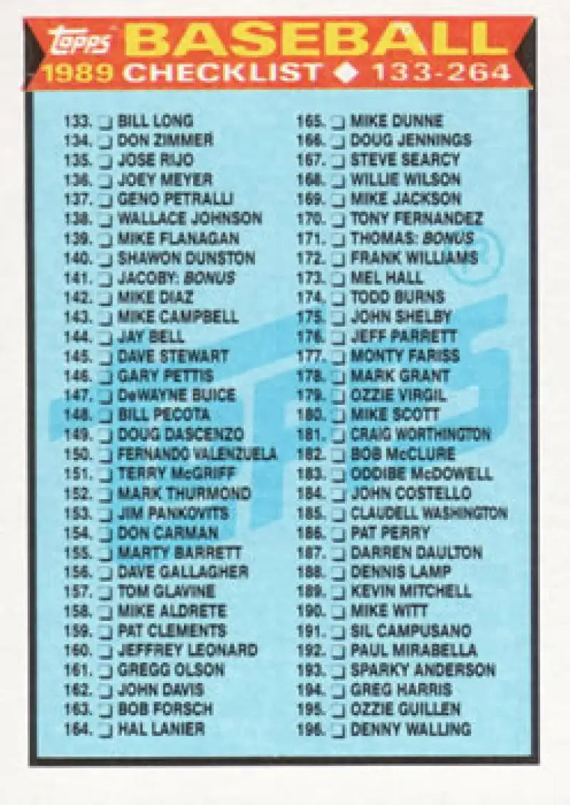 1989 Topps Baseball card featuring checklist 133-264 nm-mt with player names
