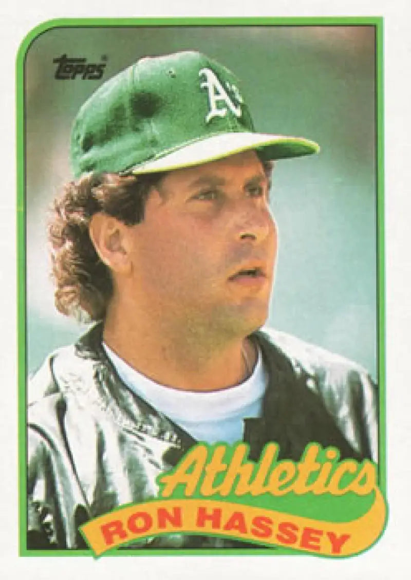 Vintage 1989 Topps Ron Hassey baseball card featuring Oakland Athletics memorabilia