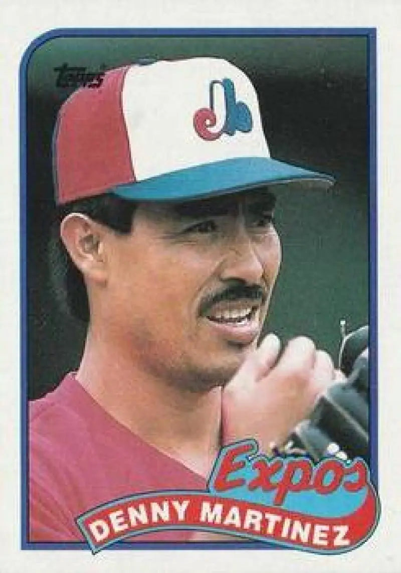 Baseball card of Dennis Martinez with Montreal Expos cap in red and blue