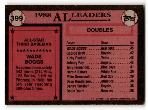 1989 Topps #399 Wade Boggs NM Near Mint Red Sox AS ID:58439 - Trading Cards