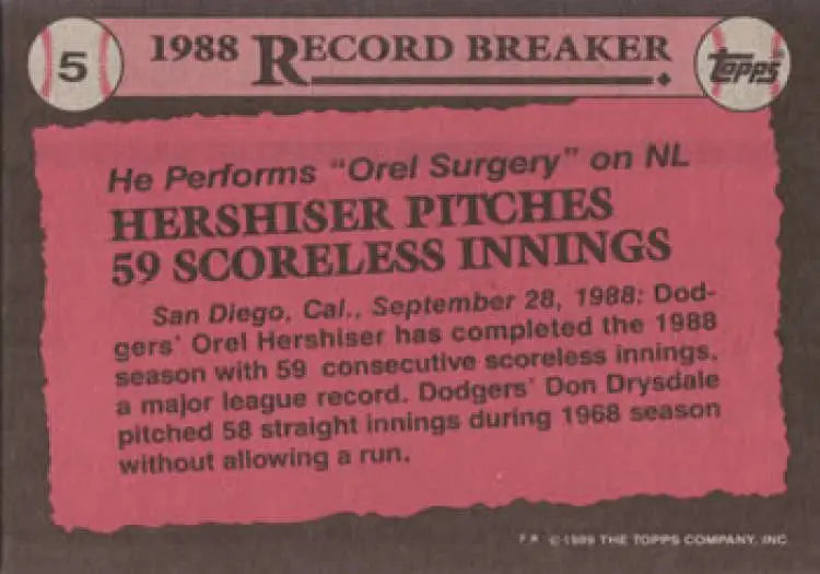 Pink 1985 Topps Record Breaker Baseball Card featuring Orel Hershiser, Los Angeles Dodgers