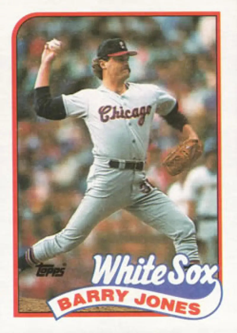 Baseball player Barry Jones in Chicago White Sox uniform mid-pitch delivery