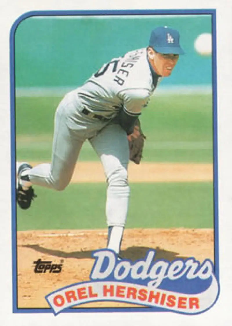 Baseball card of Orel Hershiser delivering a pitch for the Los Angeles Dodgers