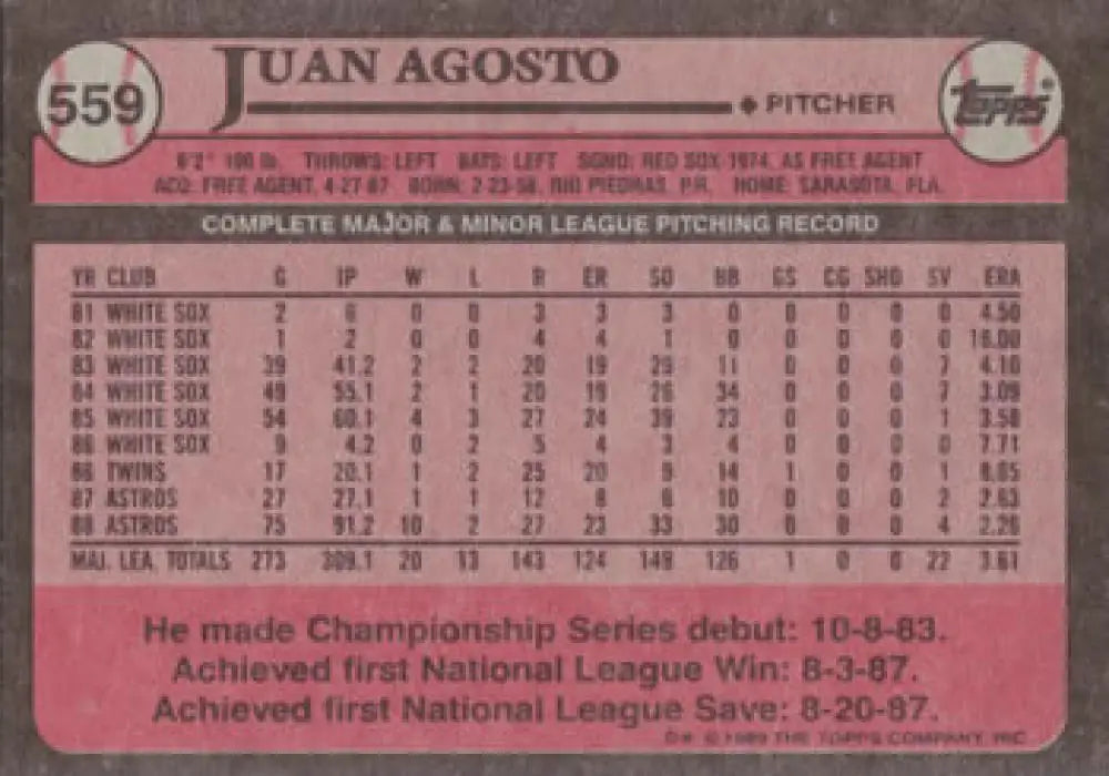 Juan Agosto 1989 Topps #559 Baseball Card showcasing Houston Astros career stats
