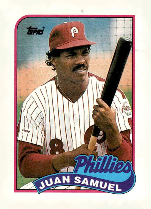 Vintage 1989 Topps Juan Samuel baseball card featuring Juan Samuel in collectible condition