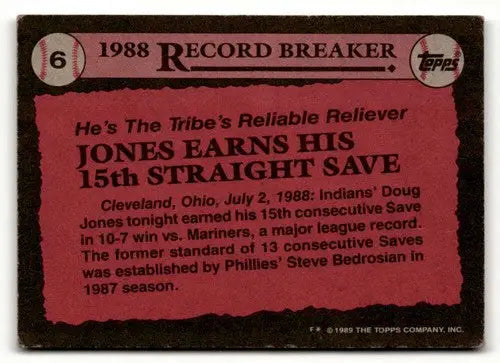 Original gloss of Doug Jones Cleveland Indians baseball card back from 1989 Topps