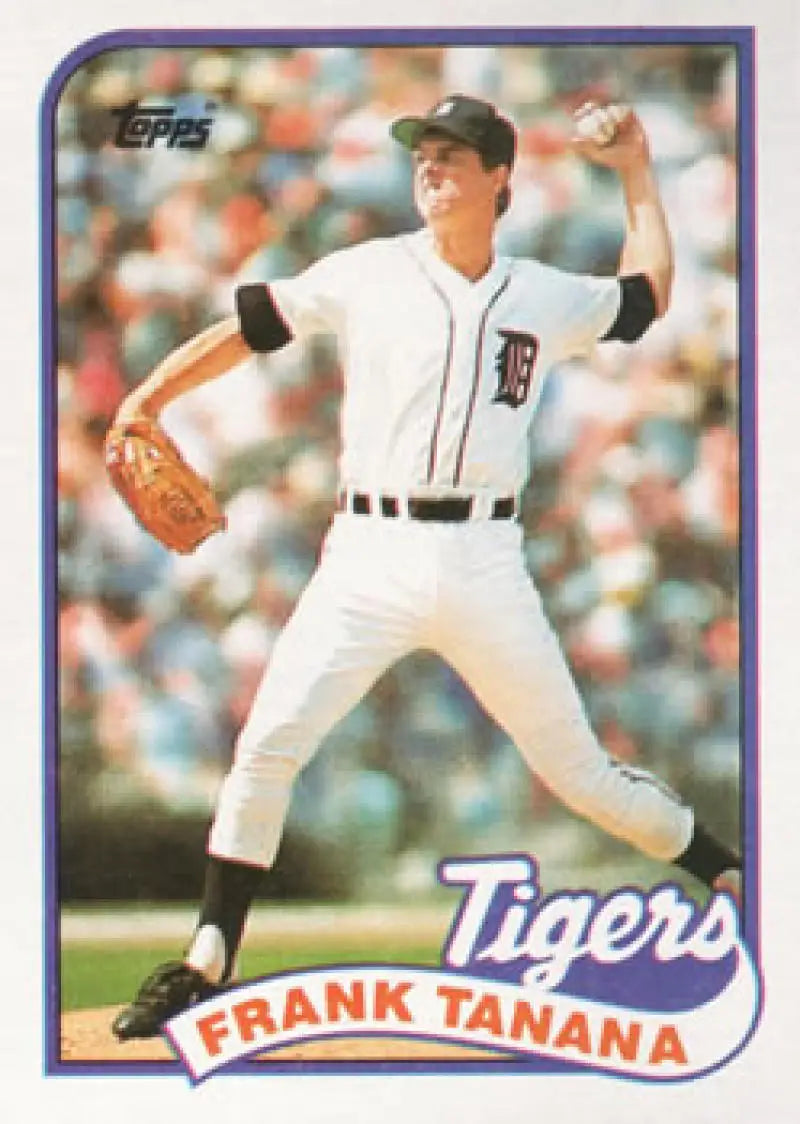 Baseball card of Frank Tanana in mid-throw for Detroit Tigers in white uniform