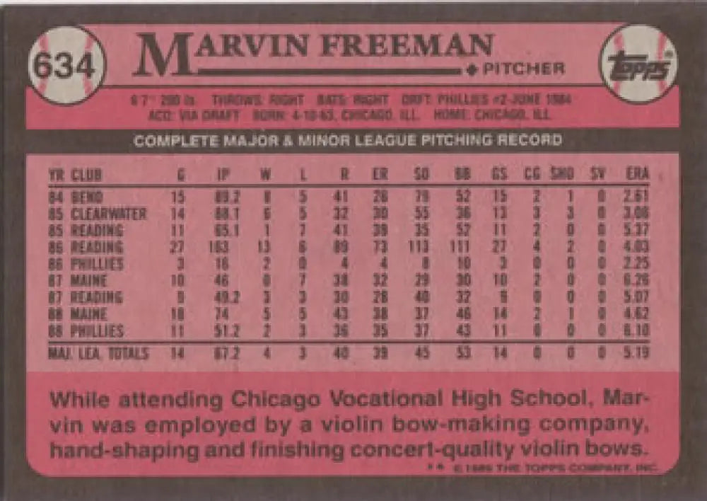 Baseball card of Marvin Freeman with career stats on a pink background for Philadelphia Phillies