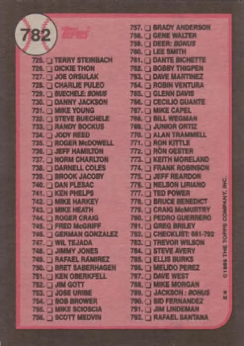 Pink checklist baseball card featuring player names from 782 onwards in 1989 Topps