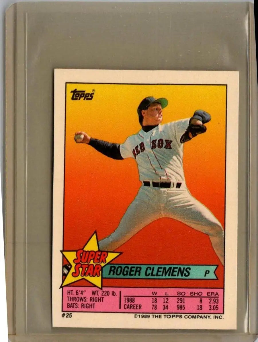 Roger Clemens baseball card from 1989 Topps Stickers featuring Roger Clemens Super Star Backs