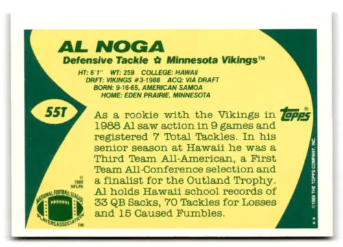 1989 Topps Traded 55T Al Noga NM Near Mint RC Rookie football card with original gloss
