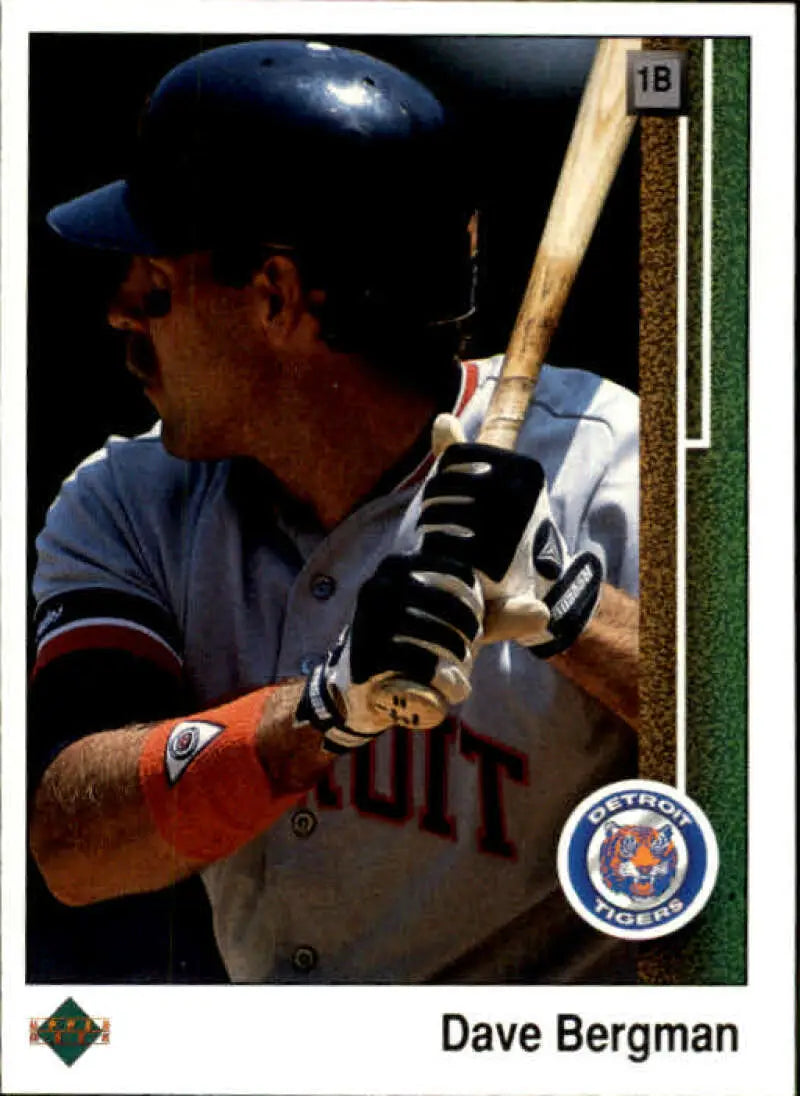 Baseball player in Detroit Tigers uniform holding bat for Dave Bergman baseball card