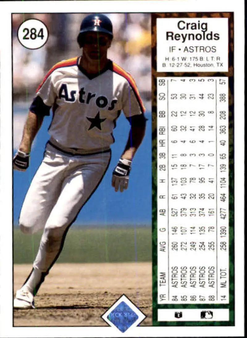 Baseball card of Craig Reynolds running on field for Houston Astros in white uniform