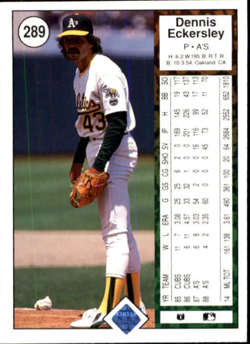 Baseball card of Dennis Eckersley in Oakland Athletics white uniform by Upper Deck