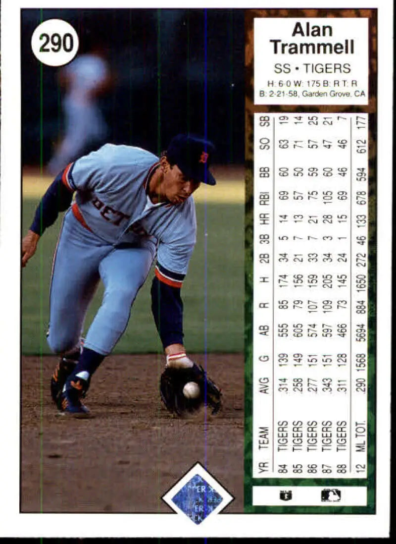 Alan Trammell fielding a ground ball on 1989 Upper Deck Detroit Tigers Baseball Card