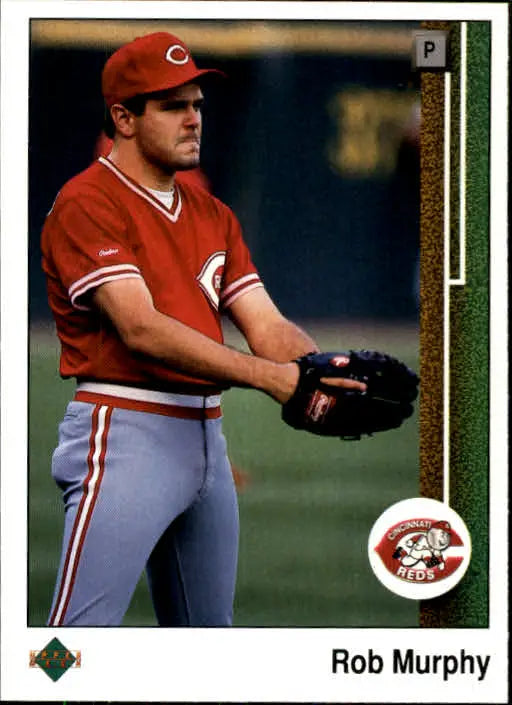 Cincinnati Reds baseball player Rob Murphy holding a glove from 1989 Upper Deck baseball card