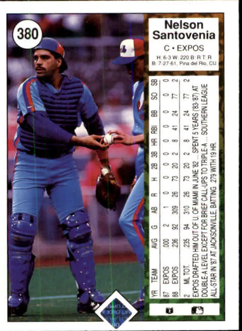 Baseball card of Nelson Santovenia wearing a navy Montreal Expos uniform and chest protector