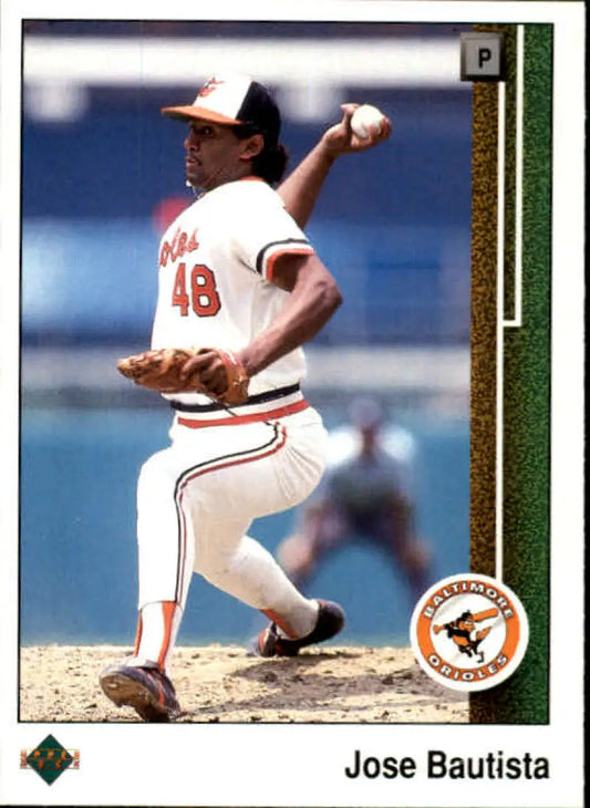 Jose Bautista in pitching motion wearing Baltimore Orioles #46 uniform on rookie card