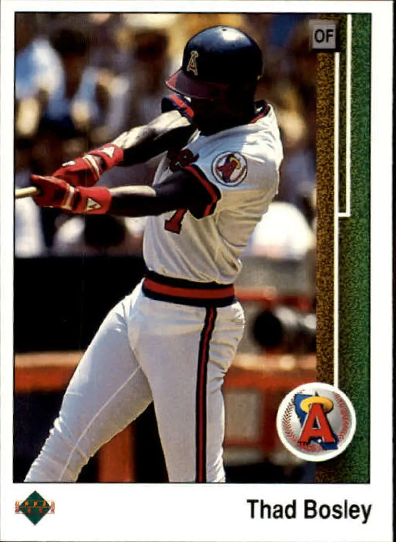 Thad Bosley swinging bat in California Angels uniform, Upper Deck baseball card image