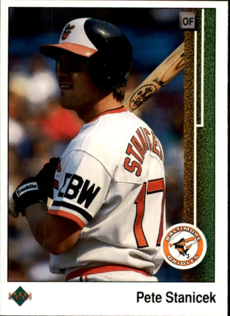 Baseball card of Pete Stanicek batting in Baltimore Orioles jersey number 17