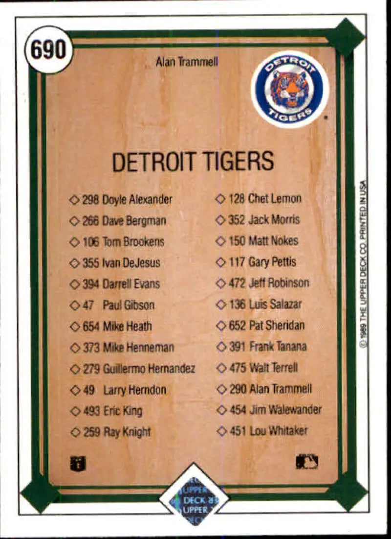 1989 Upper Deck Alan Trammell Detroit Tigers Baseball card roster checklist image
