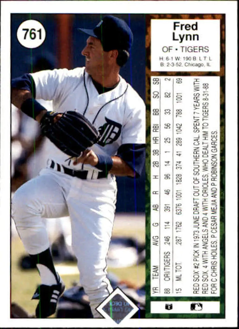 Baseball card of Fred Lynn pitching in a Detroit Tigers home uniform