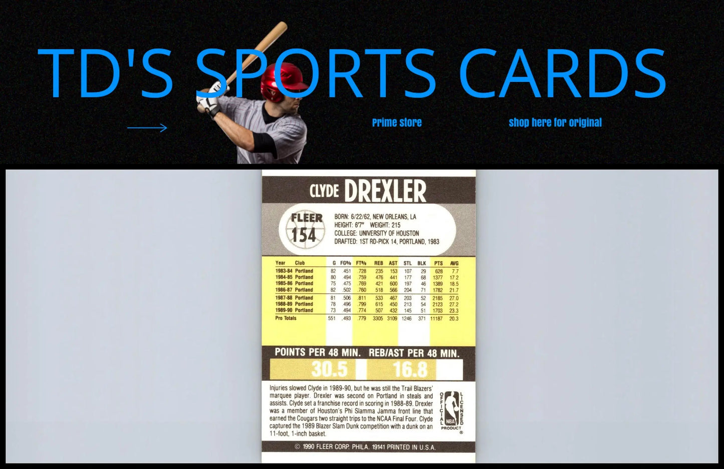 Clyde Drexler trading card from the 1990-91 Fleer set, #154 collectibles