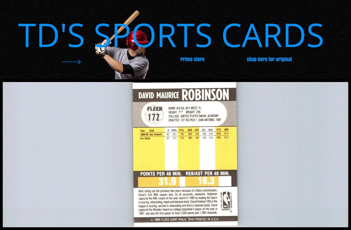 1990-91 Fleer #172 David Robinson trading card showcasing the basketball legend