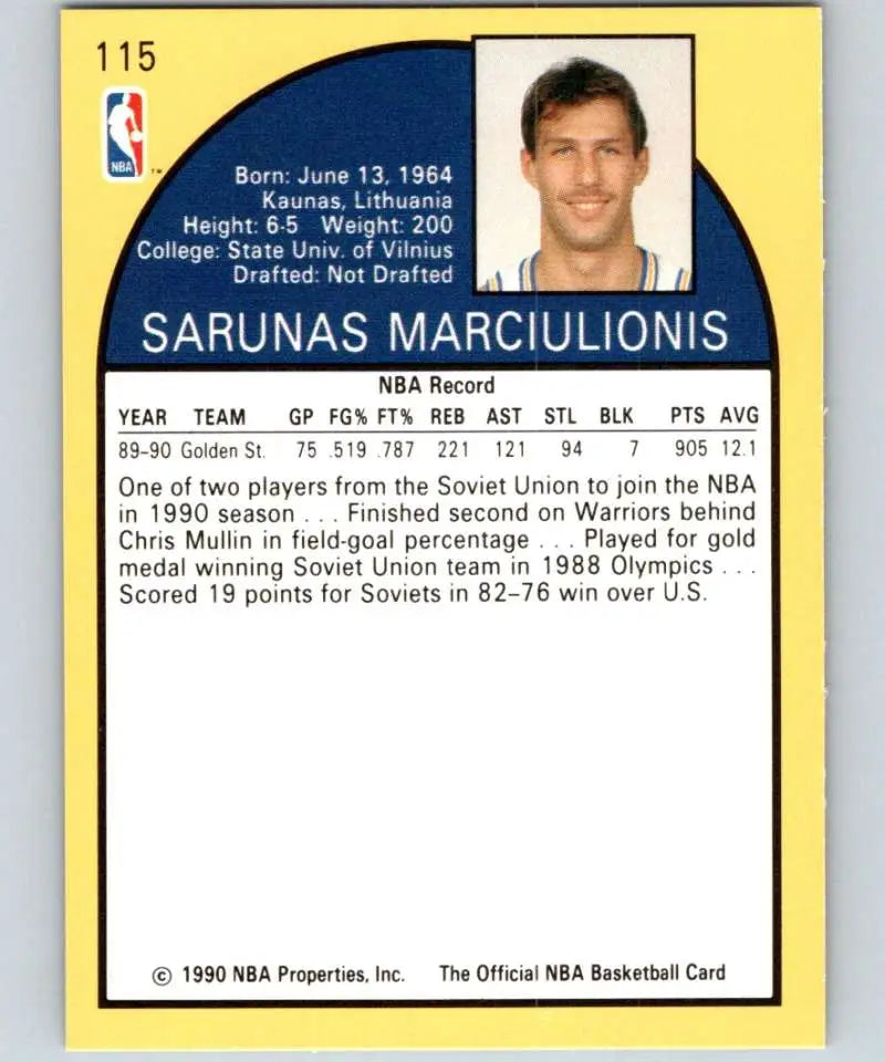 1990 basketball card of Sarunas Marciulionis from Golden State Warriors NM-MT RC
