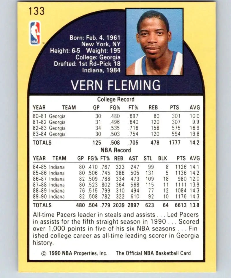 1990-91 Hoops #133 Vern Fleming Indiana Pacers Basketball card showing stats and bio