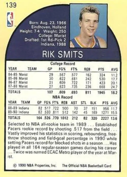 1990-91 Hoops #139 Rik Smits Basketball Card featuring Indiana Pacers player