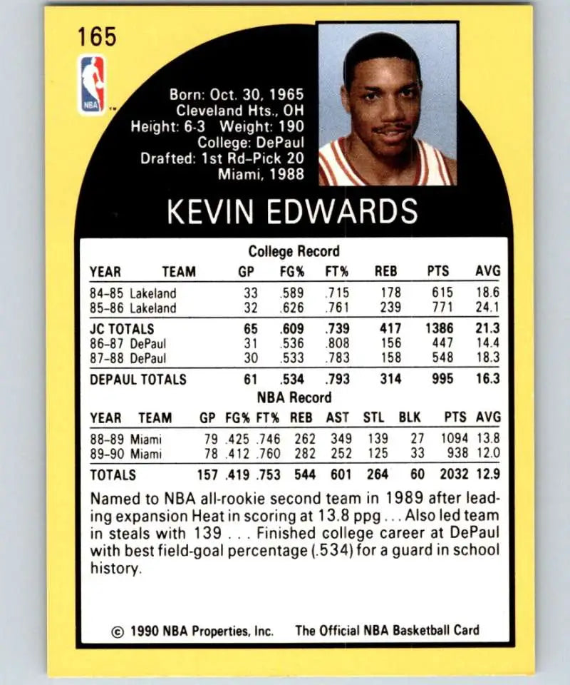 Yellow 1990 NBA trading card featuring Kevin Edwards and Miami Heat basketball stats