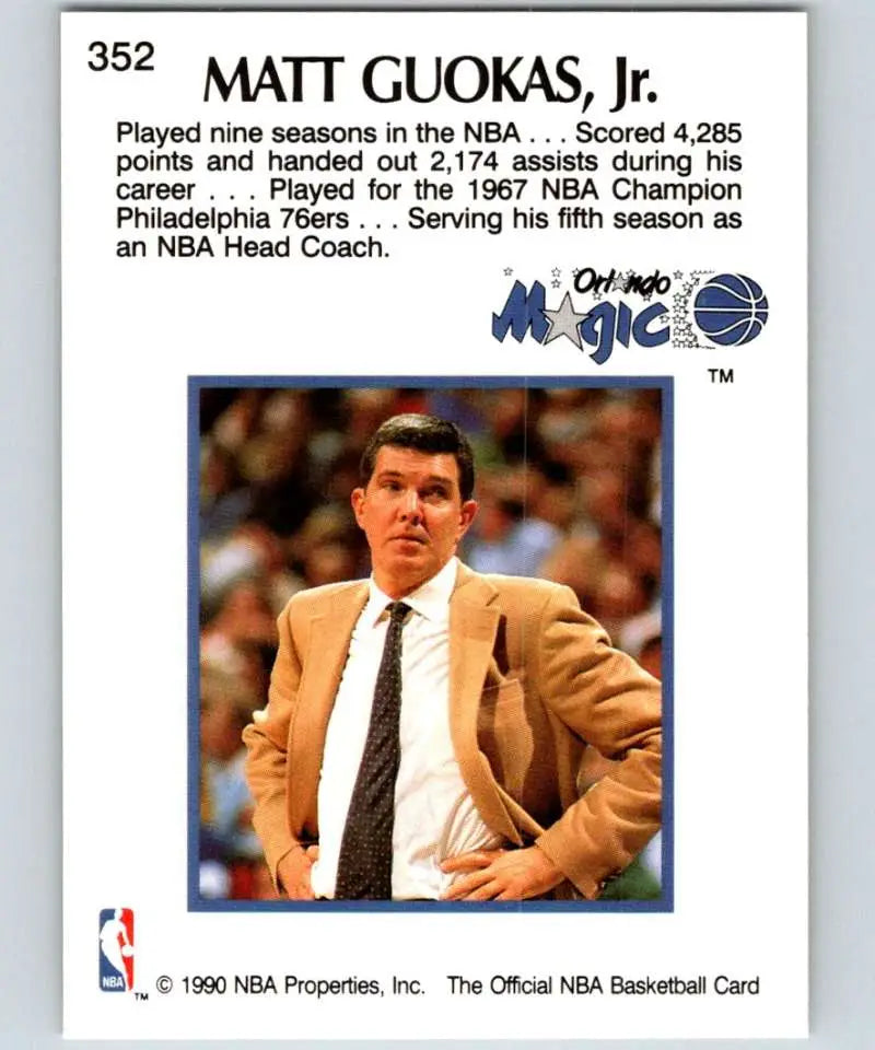 1990 Orlando Magic Basketball Card of Matt Guokas in a tan suit and tie