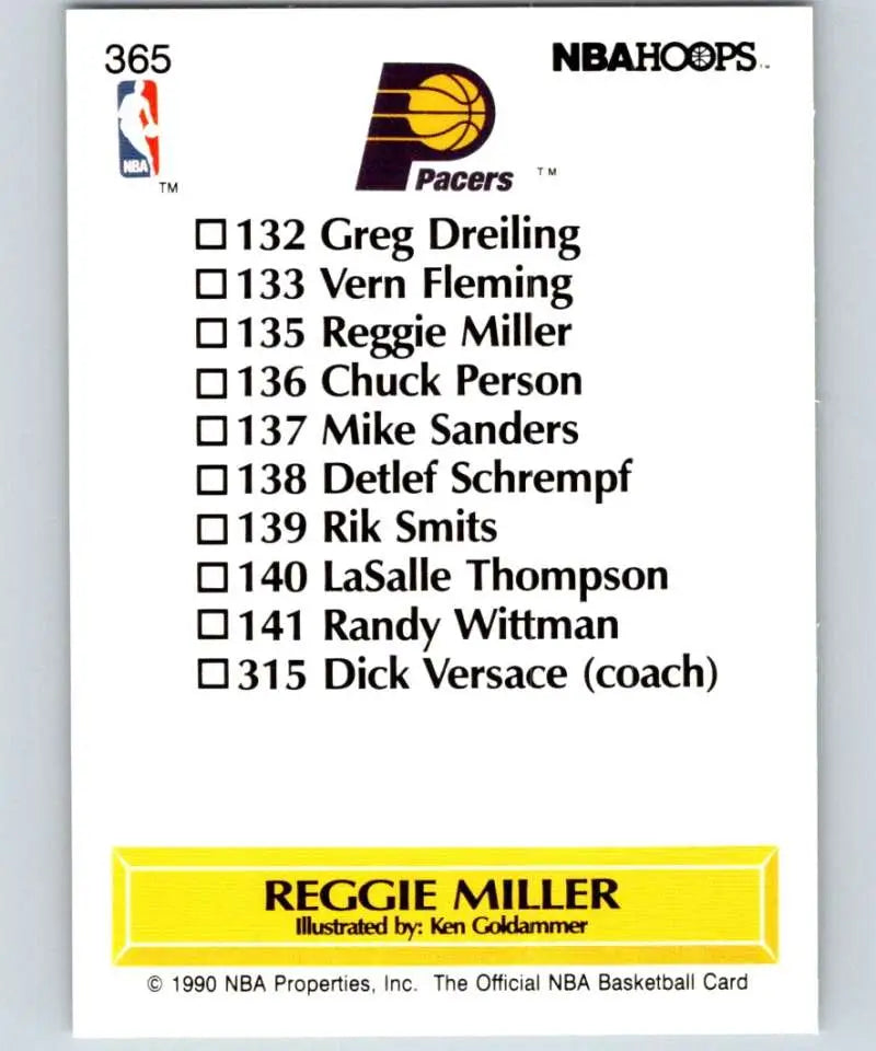Back of 1990-91 Reggie Miller basketball card featuring Indiana Pacers player checklist