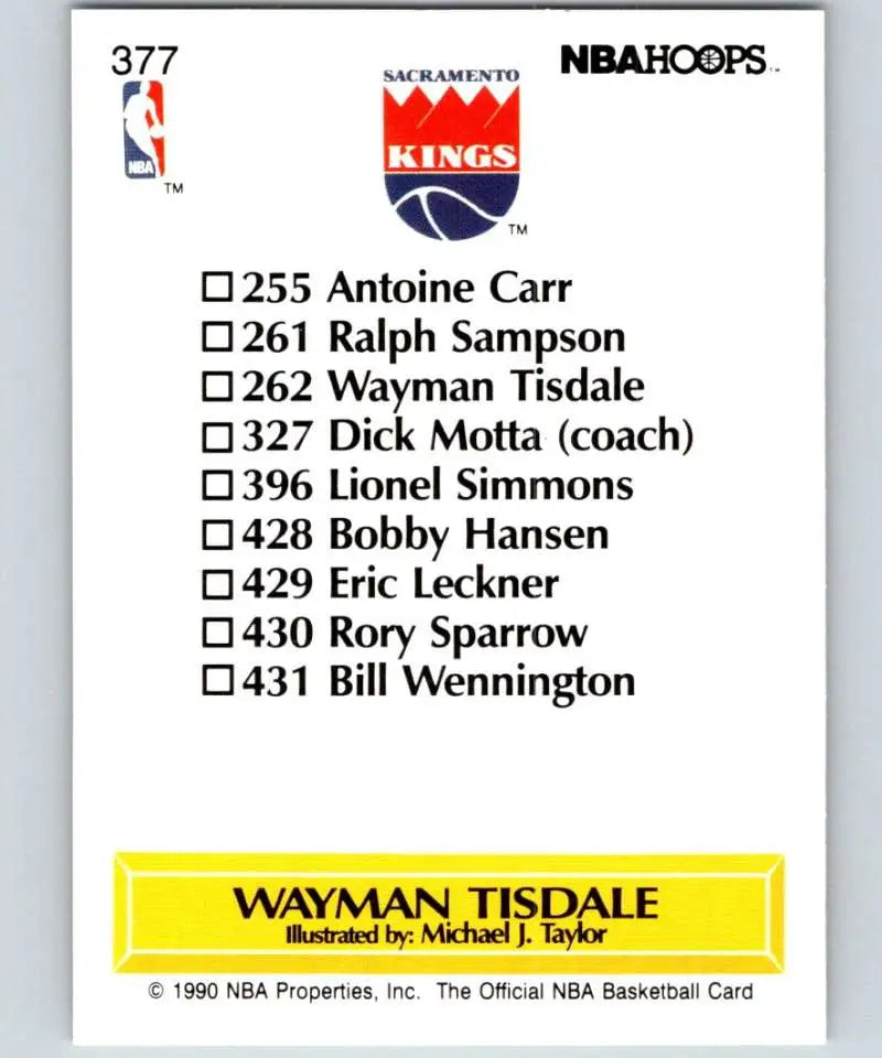 Back of 1990 NBA Hoops basketball card checklist for Sacramento Kings including Wayman Tisdale