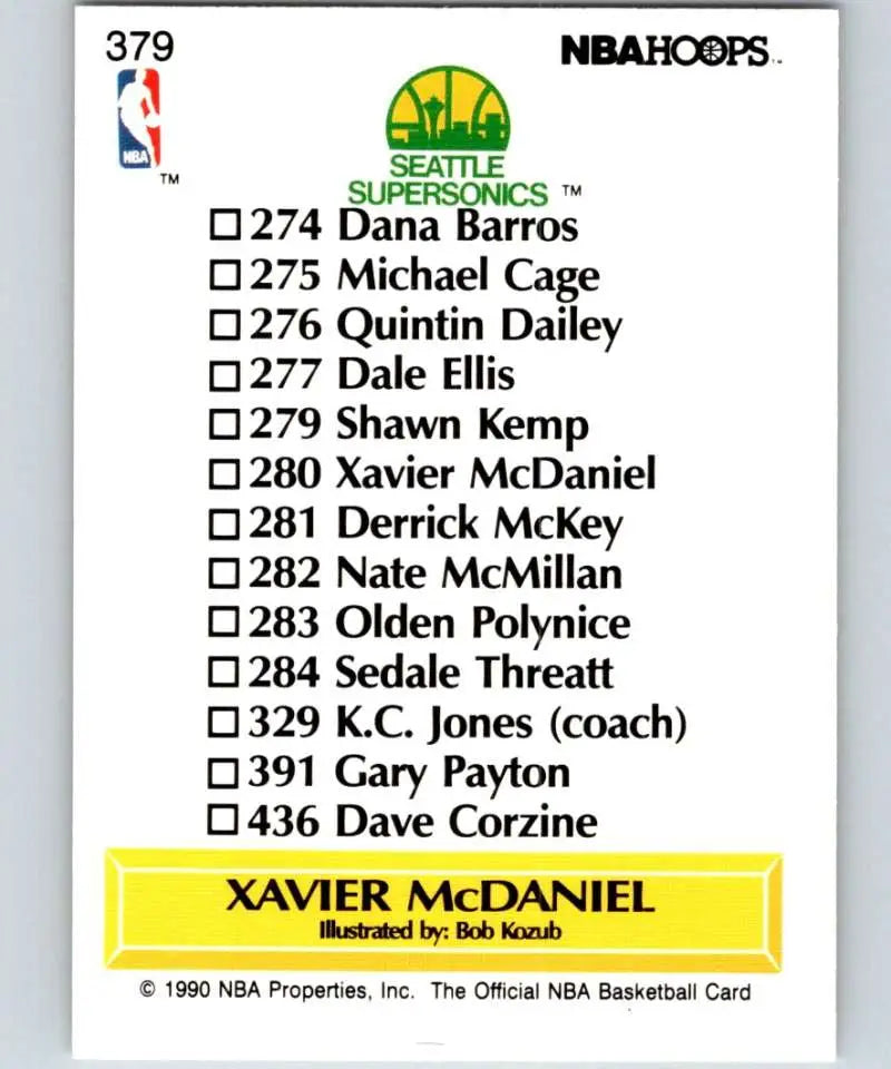 NBA Hoops basketball card checklist featuring Xavier McDaniel Seattle SuperSonics 1990