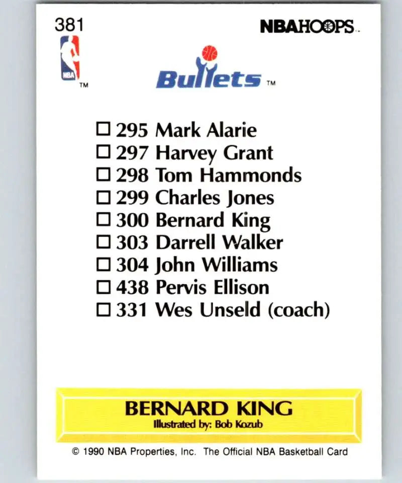 Back of 1990-91 Hoops Basketball Card featuring Washington Bullets checklist and Bernard King