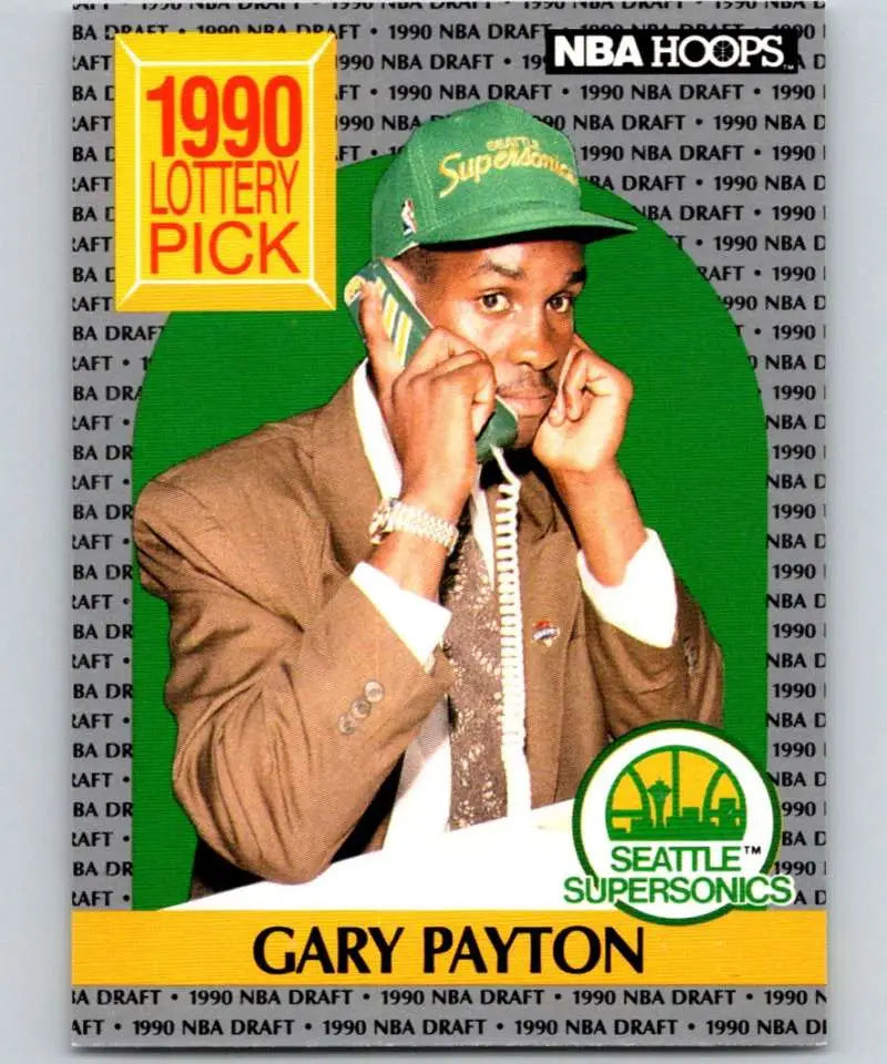 1990-91 Hoops Gary Payton Rookie Basketball Card with Seattle SuperSonics cap and suit