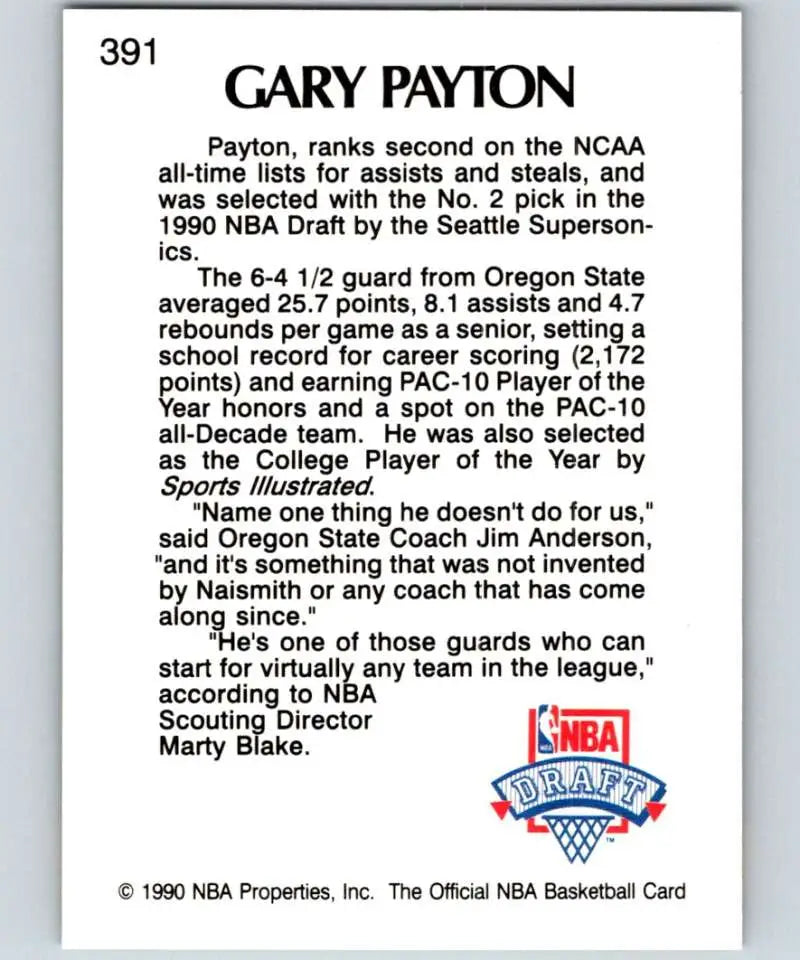 Gary Payton Rookie Card highlighting his college career and Seattle SuperSonics draft