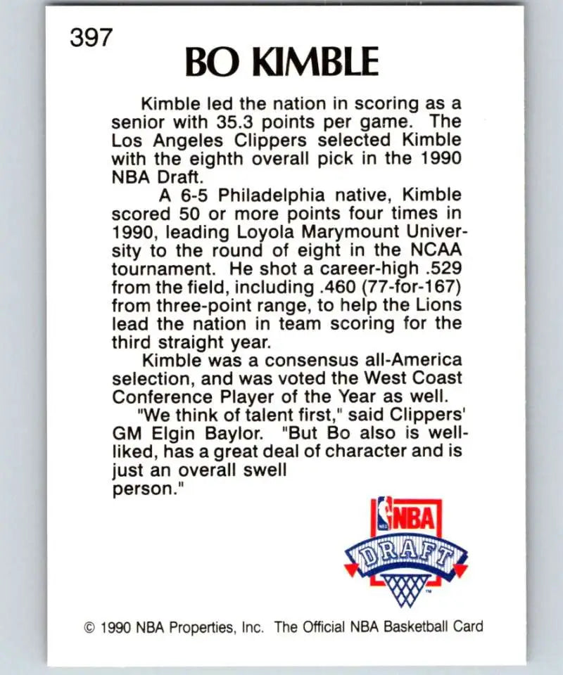 NBA basketball draft card with logo featuring Los Angeles Clippers Bo Kimble Rookie Card