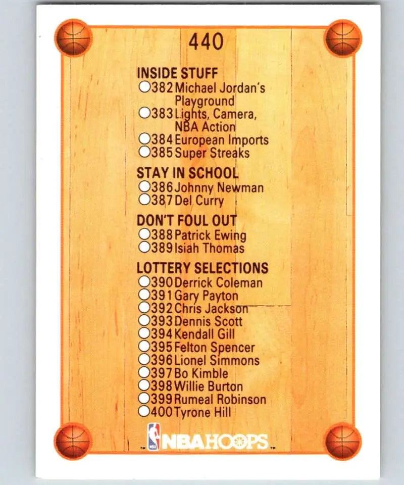 Back of 1990-91 Hoops basketball card featuring player checklist names