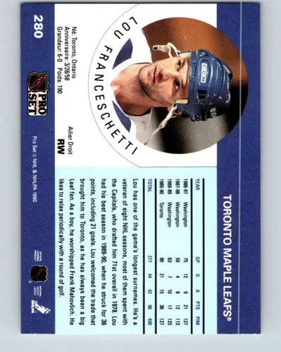 Original gloss Lou Franceschetti hockey card from 1990-91 Pro Set featuring Maple Leafs