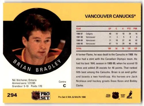 Original gloss Hockey trading card of Brian Bradley from 1990-91 Pro Set Canucks