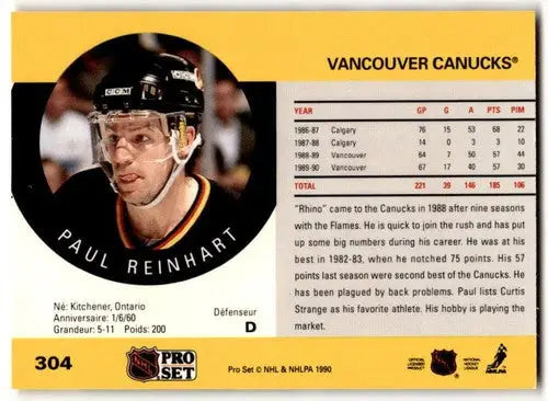 1990-91 Pro Set Paul Reinhart hockey card with original gloss and Canucks ID 43146