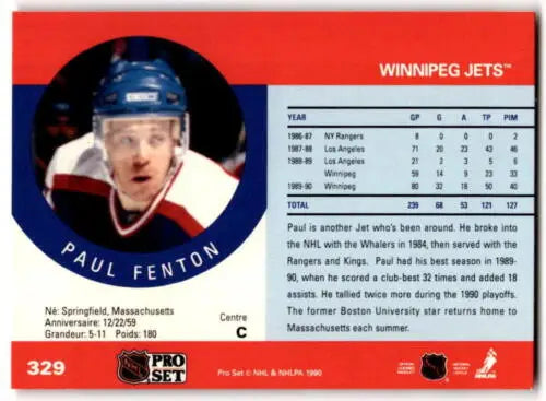 Paul Fenton 1990-91 Pro Set #329 hockey card in original gloss condition from the Winn Jets